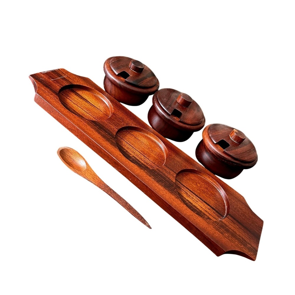 Handmade Moroccan Wood Condiment Set 3 Lidded Pots with Tray and Spoon